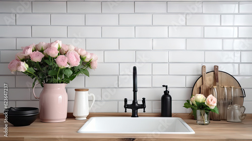 Closeup of kitchen interior. White brick wall, metro tiles, wooden countertops with kitchen utensils. Roses flowers in black sink. Modern scandinavian design. Home staging, cleaning concept.