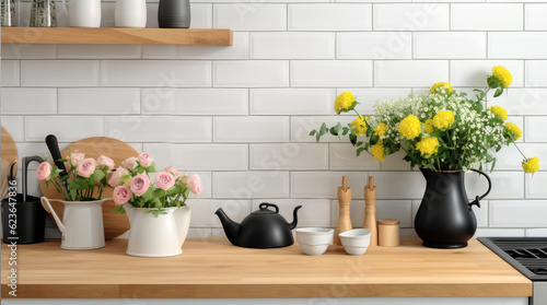Closeup of kitchen interior. White brick wall, metro tiles, wooden countertops with kitchen utensils. Roses flowers in black sink. Modern scandinavian design. Home staging, cleaning concept.