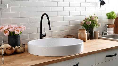 Closeup of kitchen interior. White brick wall  metro tiles  wooden countertops with kitchen utensils. Roses flowers in black sink. Modern scandinavian design. Home staging  cleaning concept.