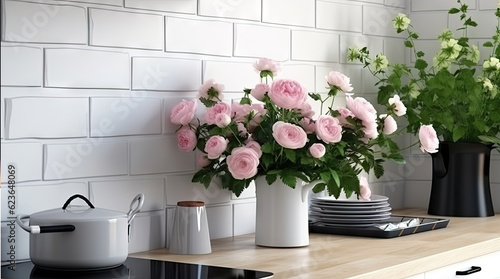 Closeup of kitchen interior. White brick wall, metro tiles, wooden countertops with kitchen utensils. Roses flowers in black sink. Modern scandinavian design. Home staging, cleaning concept.