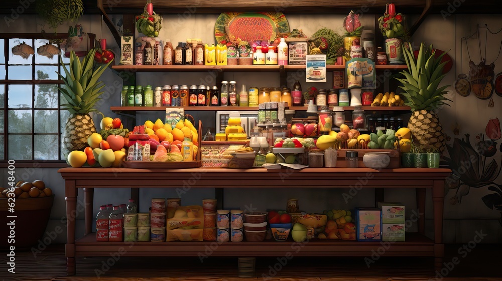 An image of a traditional grocery store, filled with fruits, vegetables, dairy, and other groceries. Generative AI.