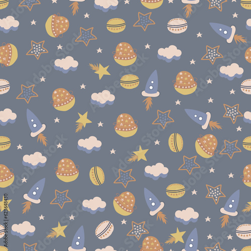 Cosmic seamless pattern of whimsical hand drawn space rockets, flying saucers, comets and stars. Doodle astronomy background