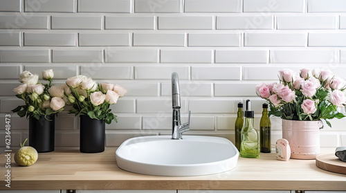 Closeup of kitchen interior. White brick wall, metro tiles, wooden countertops with kitchen utensils. Roses flowers in black sink. Modern scandinavian design. Home staging, cleaning concept.