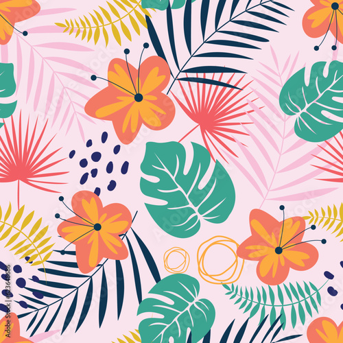 Floral seamless pattern. Aesthetic allover print foliage background. Whimsical arrangement of monstera and palm leaves and flowers