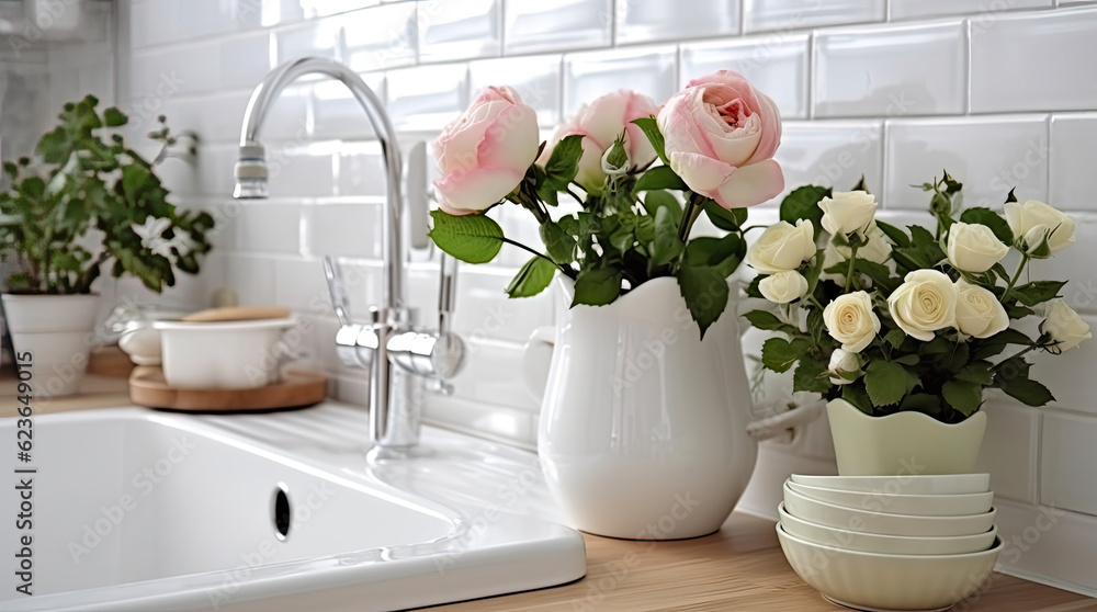 Closeup of kitchen interior. White brick wall, metro tiles, wooden countertops with kitchen utensils. Roses flowers in black sink. Modern scandinavian design. Home staging, cleaning concept.