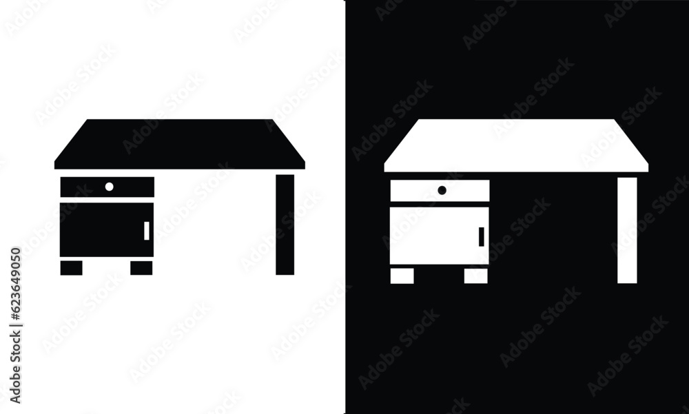 Studying table icon vector. Desk icon. Studying desk silhouette. School supplies icon vector. Back to school concept. Learning and education icon. Flat vector in black and white. Studying table icon vector. Desk icon. Studying desk silhouette. School supplies icon vector. Back to school concept. Learning and education icon. Flat vector in black and white.