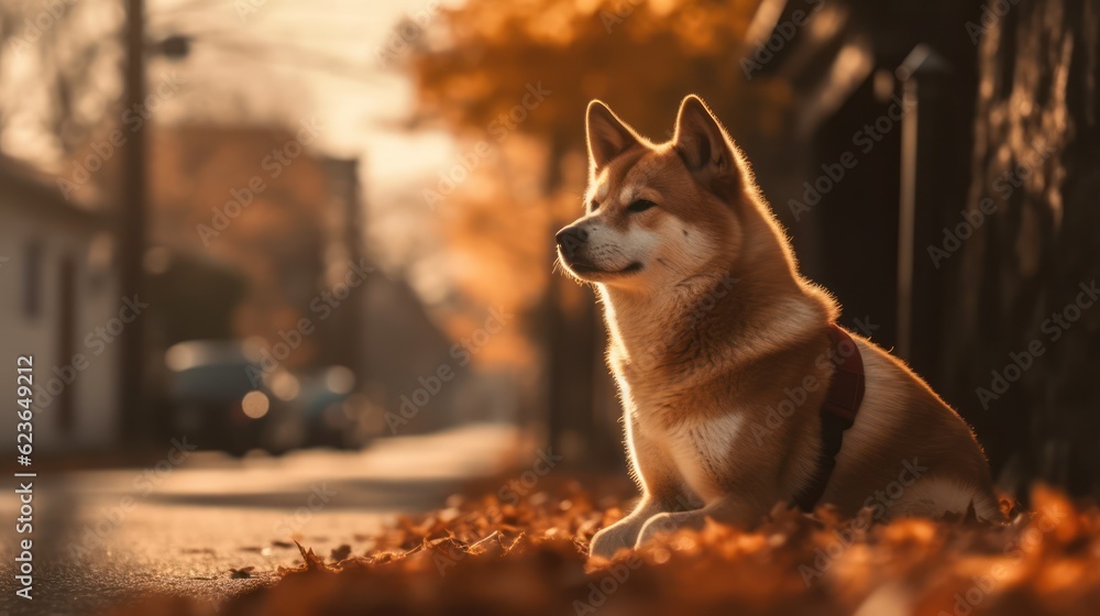 Shiba inu dog sitting on the road in the autumn park, Generative AI