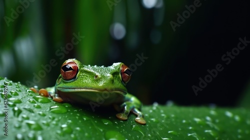 Green tree frog on a green leaf in the rain with raindrops, Generative AI