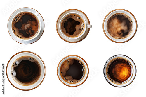 Top view a cup of coffee collection isolated on transparent background