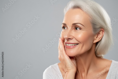 Beautiful gorgeous 50s mid aged mature woman looking at camera isolated on white. Mature old lady close up portrait. Healthy face skin care beauty, middle age skincare cosmetics.