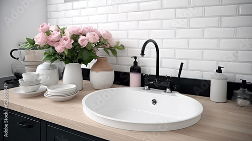 Closeup of kitchen interior. White brick wall  metro tiles  wooden countertops with kitchen utensils. Roses flowers in black sink. Modern scandinavian design. Home staging  cleaning concept.