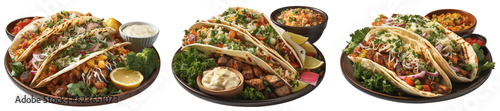 side view of a plate with tacos on it on a transparent background, Generative AI