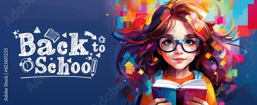 Art back to school banner, girl with book and bag watercolor digital art, colorful illustration Generative ai
