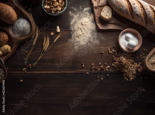 Bread ingredients on dark wooden background. Top view with copy space, Generative AI