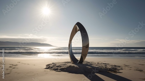 Metal sculpture on the beach at sunny day