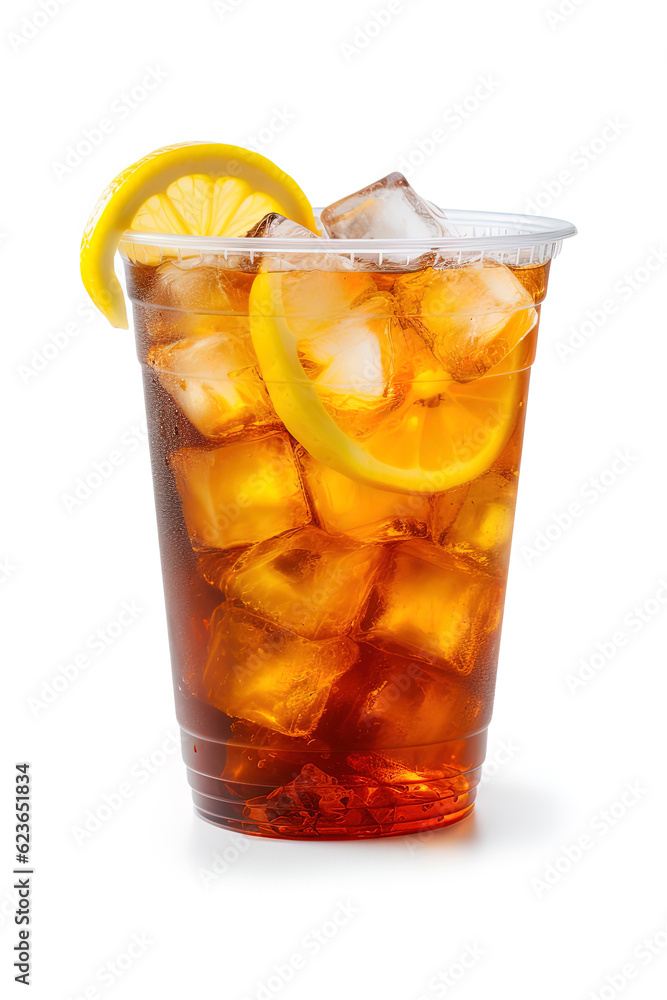 Iced lemon tea on plastic take-away glass isolated on white background Iced lemon tea on plastic take-away glass isolated on white background