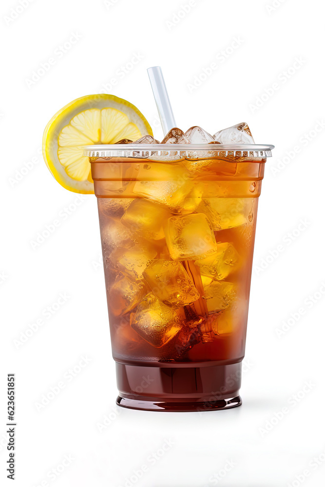 Iced lemon tea on plastic take-away glass isolated on white background Iced lemon tea on plastic take-away glass isolated on white background