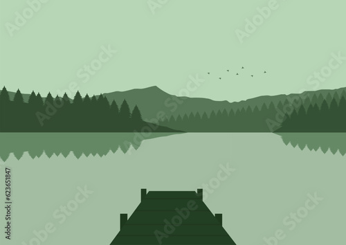 Beautiful landscape with lake and pier. Vector illustration in flat style.