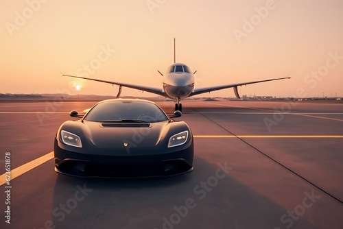Super car and private jet on landing strip. Business class service at the airport