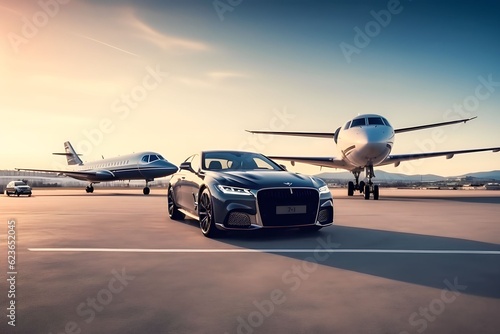 Super car and private jet on landing strip. Business class service at the airport © Salsabila Ariadina
