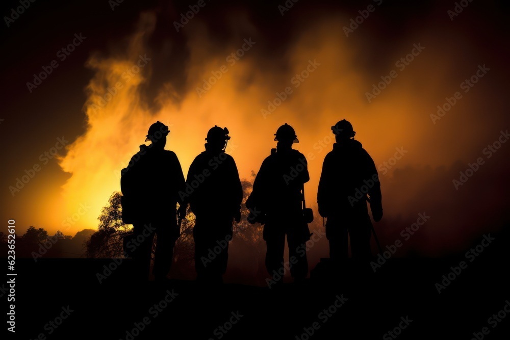 Silhouette of firemen at night. Smoke on the background, Generative AI