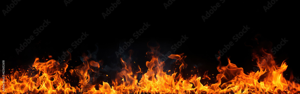 Fire flames isolated on black background with copy space for your text, Generative AI