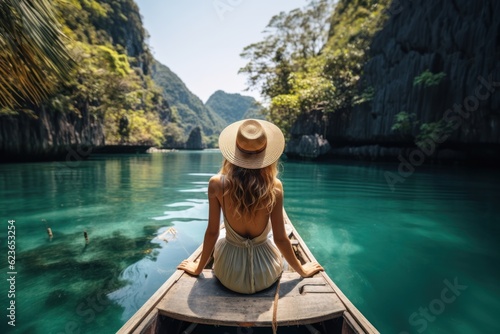 Young woman in a white dress and a straw hat on a boat in the bay of Phi Phi, Thailand, Generative AI © tanatat