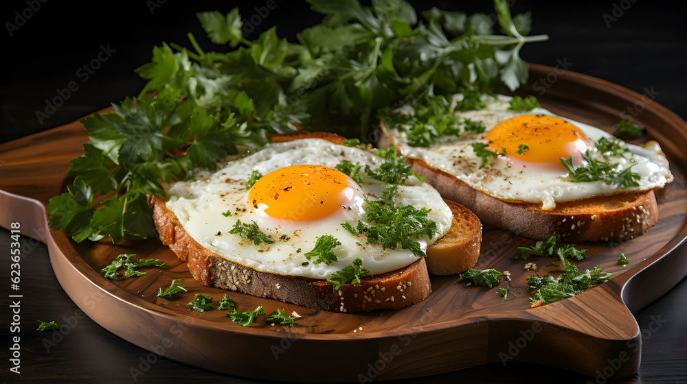 Breakfast fried eggs on wood background Generative AI