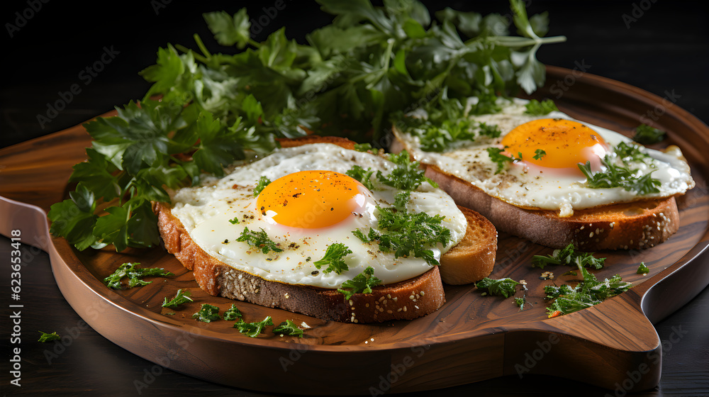 Breakfast fried eggs on wood background Generative AI Breakfast fried eggs on wood background Generative AI
