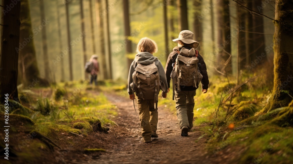 Couple of Children hikers walking in a pine forest with backpacks, Generative AI