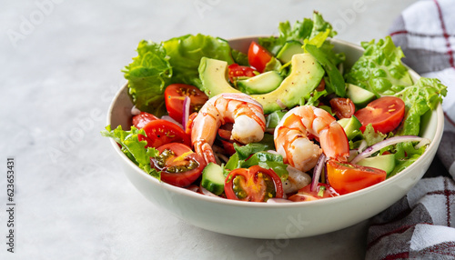 Fresh summer salad with shrimp, avocado and tomato cherry in bowl on light table. Concept of healthy eating.