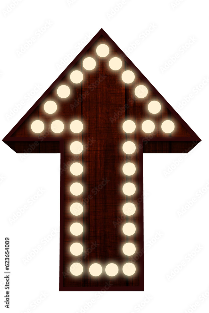 Digital png illustration of wooden arrow with lights on transparent background
