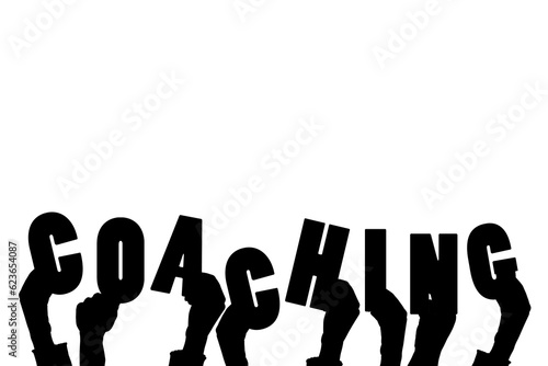 Digital png illustration of hands with coaching text on transparent background
