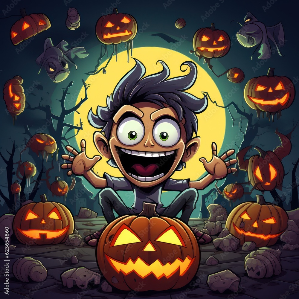 Jack O’ Lanterns pumpkins glowing at spooky mysterious Halloween night. Scary creepy nightmare Halloween concept design. 3D illustration. Generative Ai. Jack O’ Lanterns pumpkins glowing at spooky mysterious Halloween night. Scary creepy nightmare Halloween concept design. 3D illustration. Generative Ai.