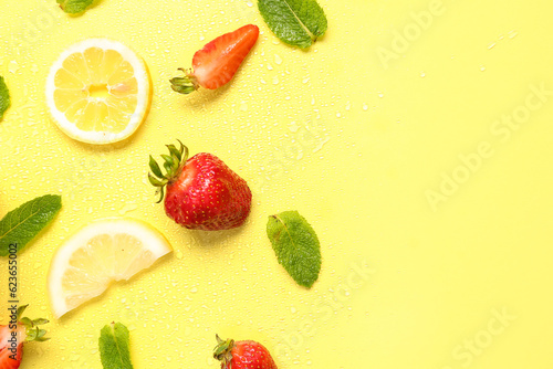 Fototapeta Naklejka Na Ścianę i Meble -  Ingredients for preparing strawberry lemonade on yellow background