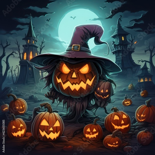 Jack O    Lanterns pumpkins glowing at spooky mysterious Halloween night. Scary creepy nightmare Halloween concept design. 3D illustration. Generative Ai.