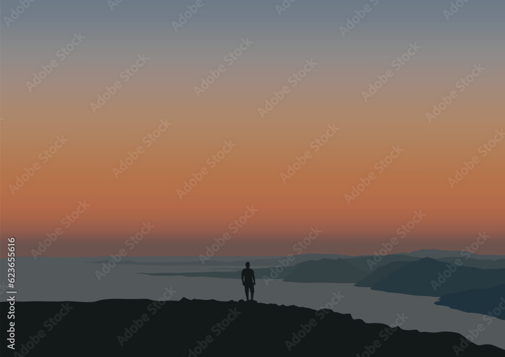 Beautiful landscape in mountains with person. Vector illustration in flat style.