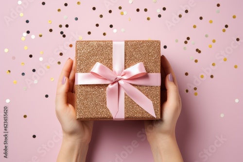 Female hands holding a gift box on a pink background with confetti, Generative AI © tanatat