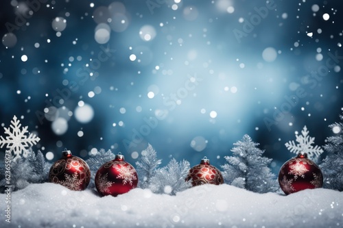 Christmas background with red baubles and snowflakes. with Copy space, Generative AI