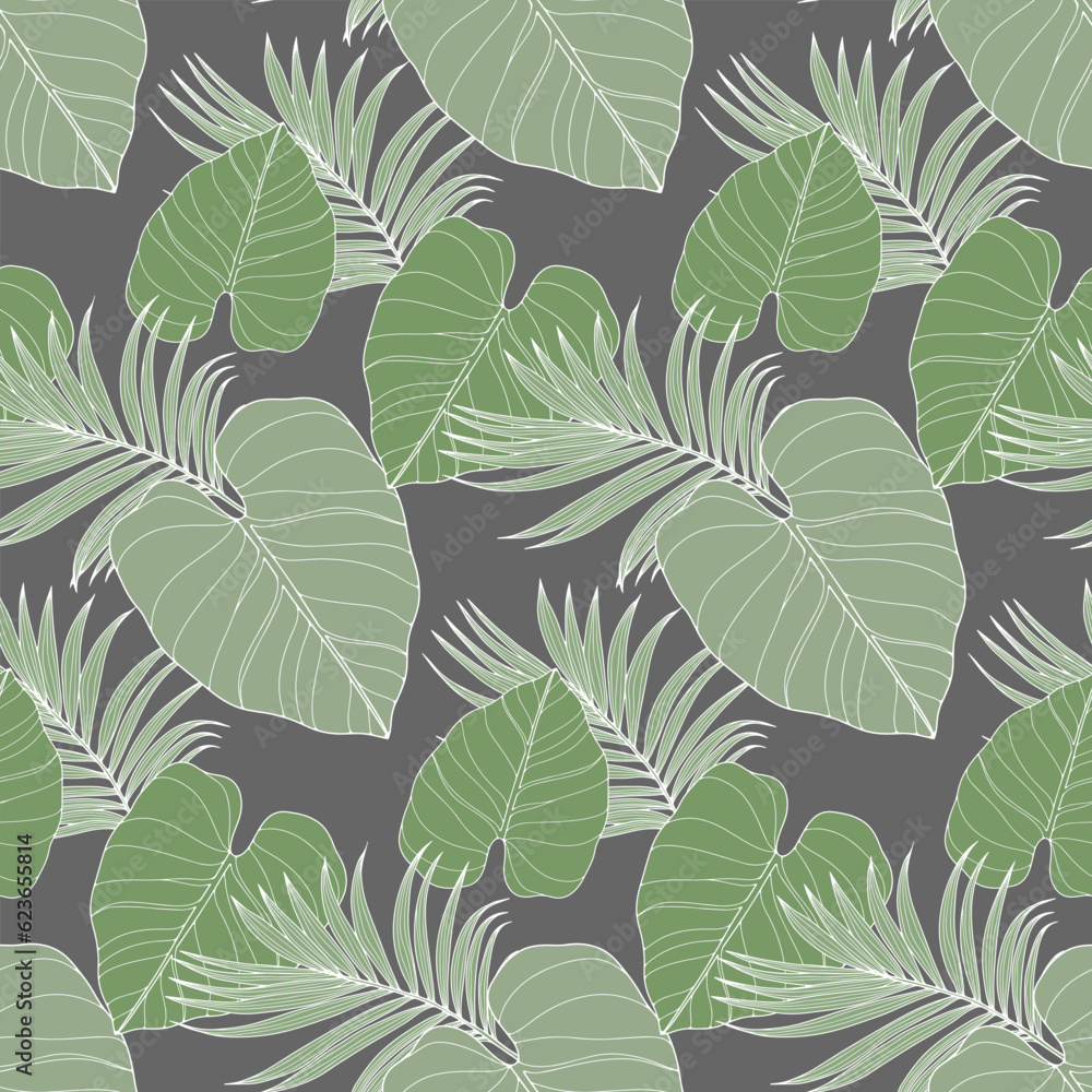 Fototapeta premium Green tropical seamless pattern with various leaves on a gray background. Pattern for textiles, wrapping paper, wallpapers, covers, decor
