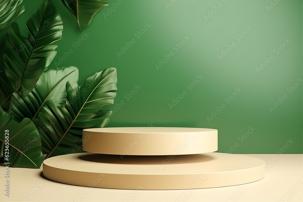 Minimal podium for product presentation with tropical leaves. Background for cosmetic product branding. Generative AI Minimal podium for product presentation with tropical leaves. Background for cosmetic product branding. Generative AI