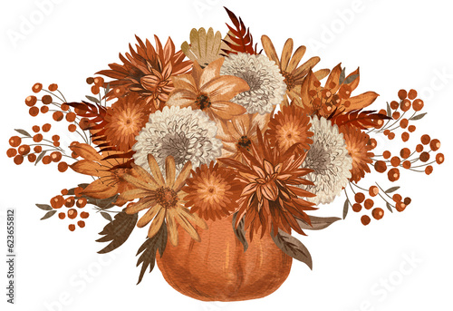 Autumn floral bouquet with pumpkin digitally painted illustration