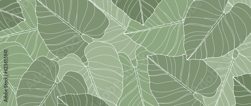 Green tropical background with big leaves. Botanical background for decor, wallpapers, covers, postcards and presentations. Summer green tropical print