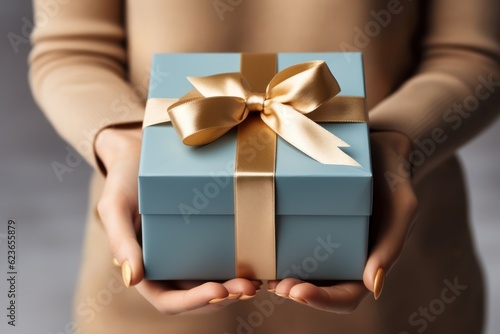 Female hands holding a gift box with gold bow on bokeh background, Generative AI