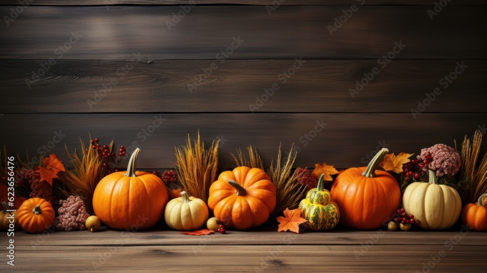 Autumn background with pumpkins, leaves and flowers on wooden background, Generative AI