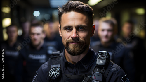 policeman at the police station A confident policeman standing with his arms crossed, looking at the camera with a team in the background.