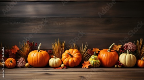 Autumn background with pumpkins  leaves and flowers on wooden background  Generative AI