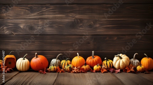 Autumn background with pumpkins  leaves and flowers on wooden background  Generative AI
