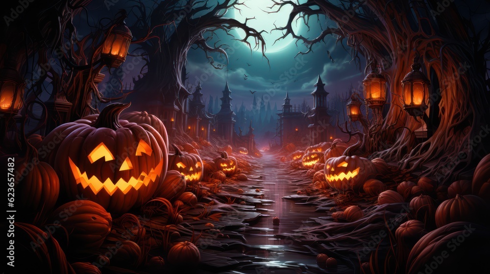 Halloween pumpkins in the graveyard on the spooky Night. Halloween background concept. Generative Ai. Halloween pumpkins in the graveyard on the spooky Night. Halloween background concept. Generative Ai.