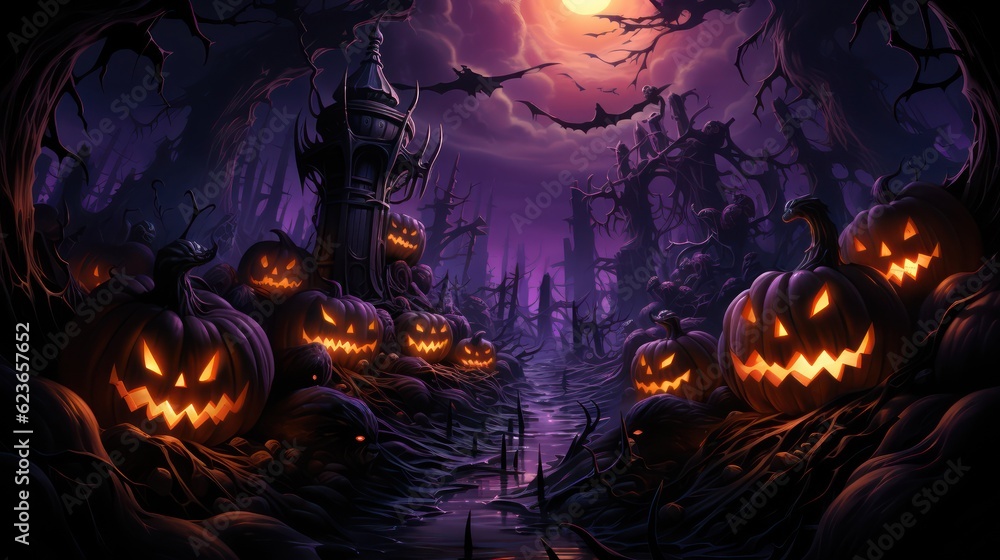 Halloween pumpkins in the graveyard on the spooky Night. Halloween background concept. Generative Ai. Halloween pumpkins in the graveyard on the spooky Night. Halloween background concept. Generative Ai.